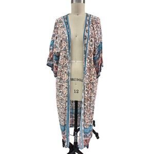 Kimono Style Lightweight Floral Boho Long Coat Belt Included One Size